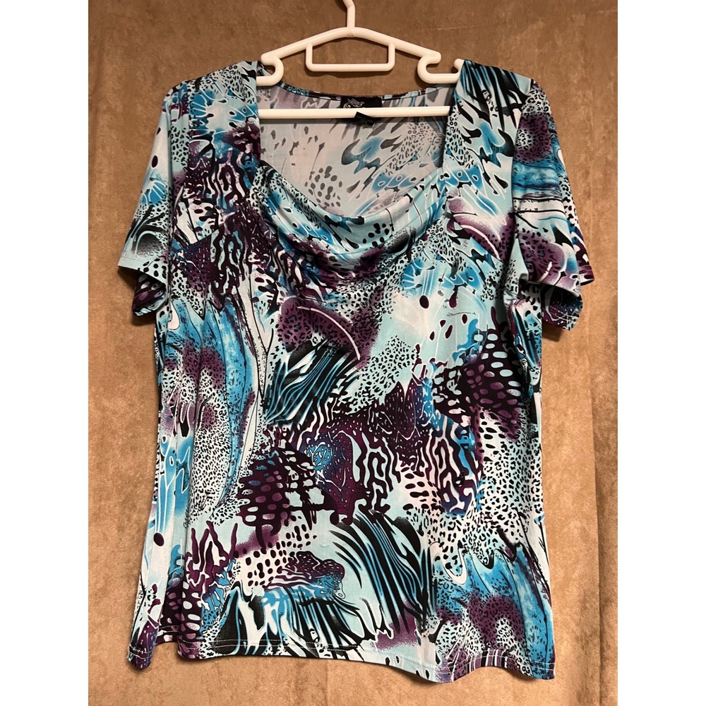 A-Nala Abstract Animal Print Cowl Neck Top Turquoise Purple 2XL